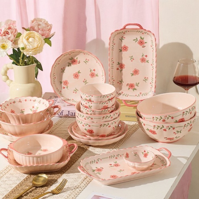 BLOOM Peralatan Makan Keramik Mewah Motif Bunga Warna Pink Merah Muda Piring Mangkok Dan Piring Saji
