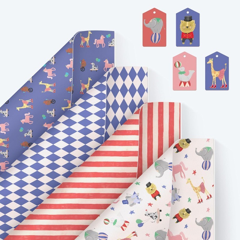 

24Pcs Circus Theme Gift Wrapping Carnival Animal Striped Red Blue Giftwrap Kids Birthday Greeting Party Craft Paper Favors