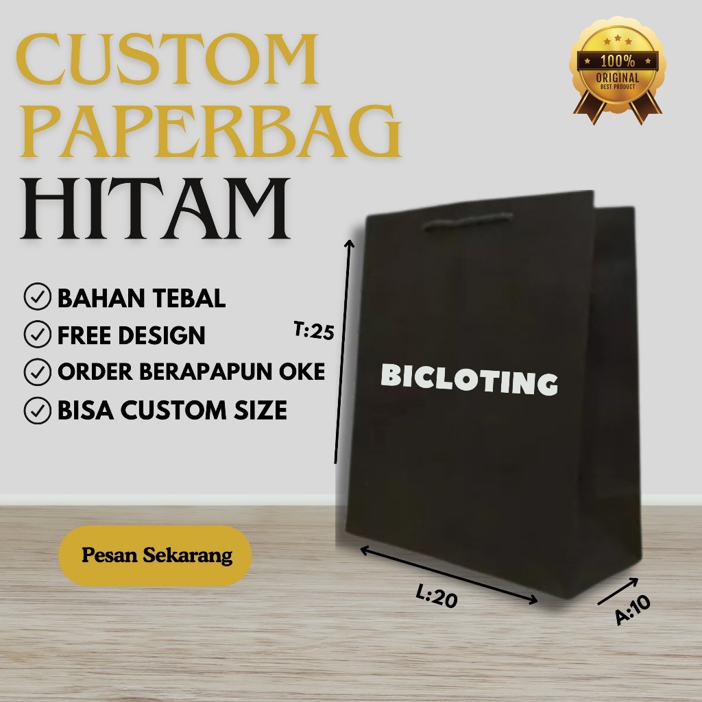 PAPER BAG HITAM CUSTOM SABLON 25X30X10 / PAPERBAG SABLON/ TAS KERTAS PERNIKAHAN KADO