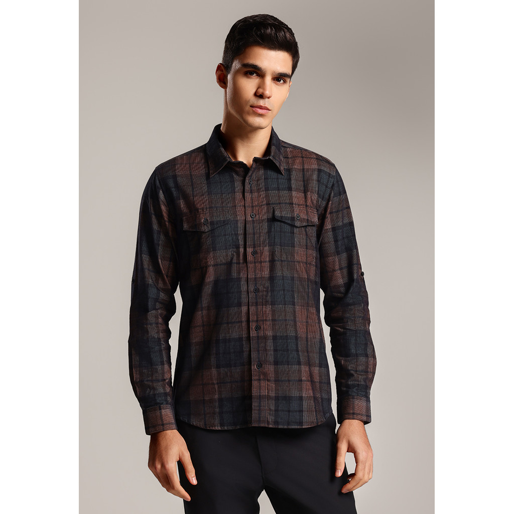 MOC - Kemeja Corduroy Kotak-kotak Pria Lengan Panjang Morric - Brown