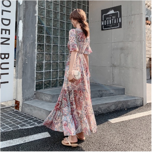 Boho Print Midi Dress panjang dibawah Lutut Sebetis  Lengan Pendek Trompet Warna Kombinasi - Dres Ga