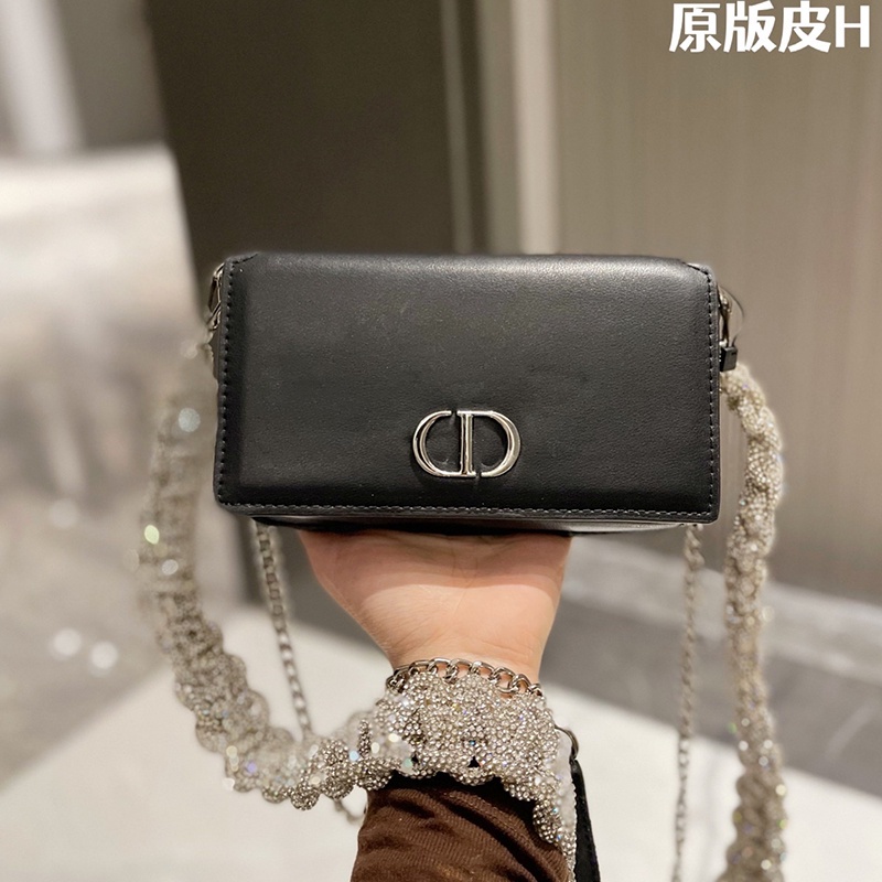 (Original) Dior    Mini Small Square Bag Solid Color Leather Cd Logo Womens Diamond Chain Bag