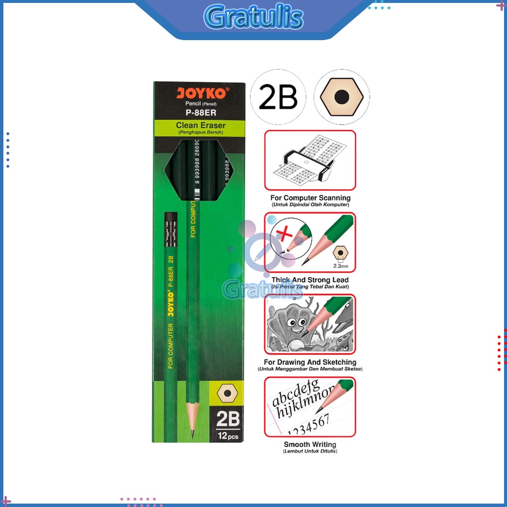 

PENCIL 2B + ERASER JOYKO [P-88ER/1 PACK] / JOYKO PENGHAPUS PENSIL 12 PCS / PINSIL GAMBAR 1 PAK UNTUK UJIAN KOMPUTER / PENGSIL FOR COMPUTER / PERLENGKAPAN SEKOLAH / ALAT TULIS SEKOLAH