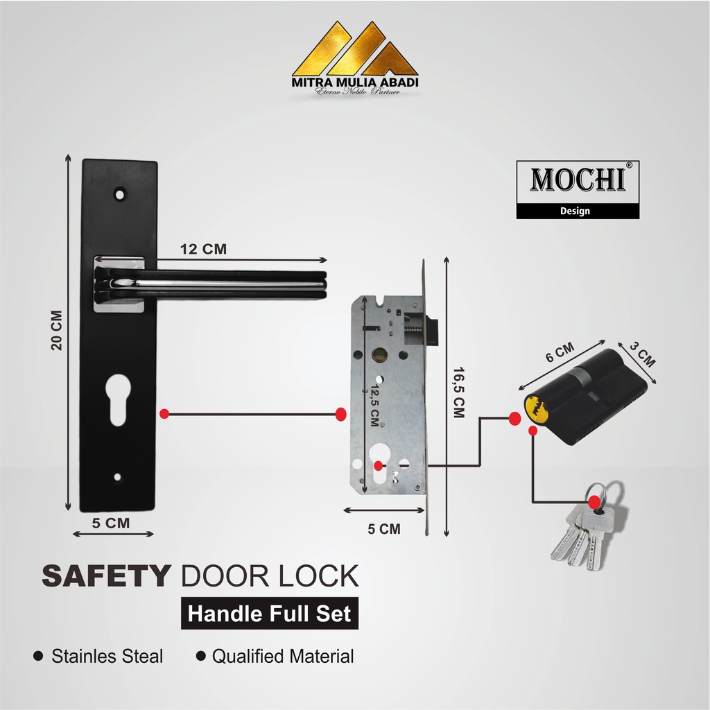 Gagang Kunci Pintu Tanggung 20 cm l Handel Pintu rumah Full Set MOCHI