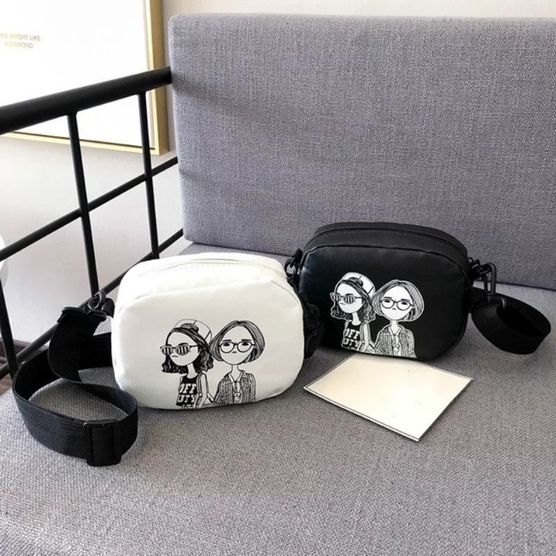 Tas Selempang Wanita Hitam Putih Cantik Bahan Kanvas