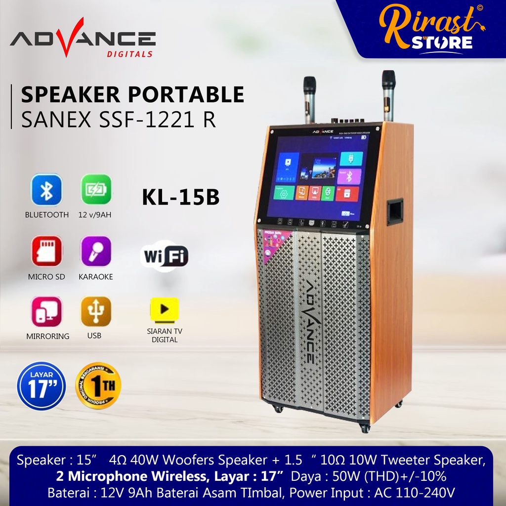Rirast Store - Speaker ADVANCE KL-15B 15" Portable with LCD TV Digital 2 Mic Wireless