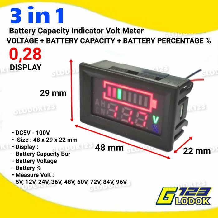 Volt Meter DC Baterai Indikator Frame 0.28 Display - Tanpa Bubble -VV45
