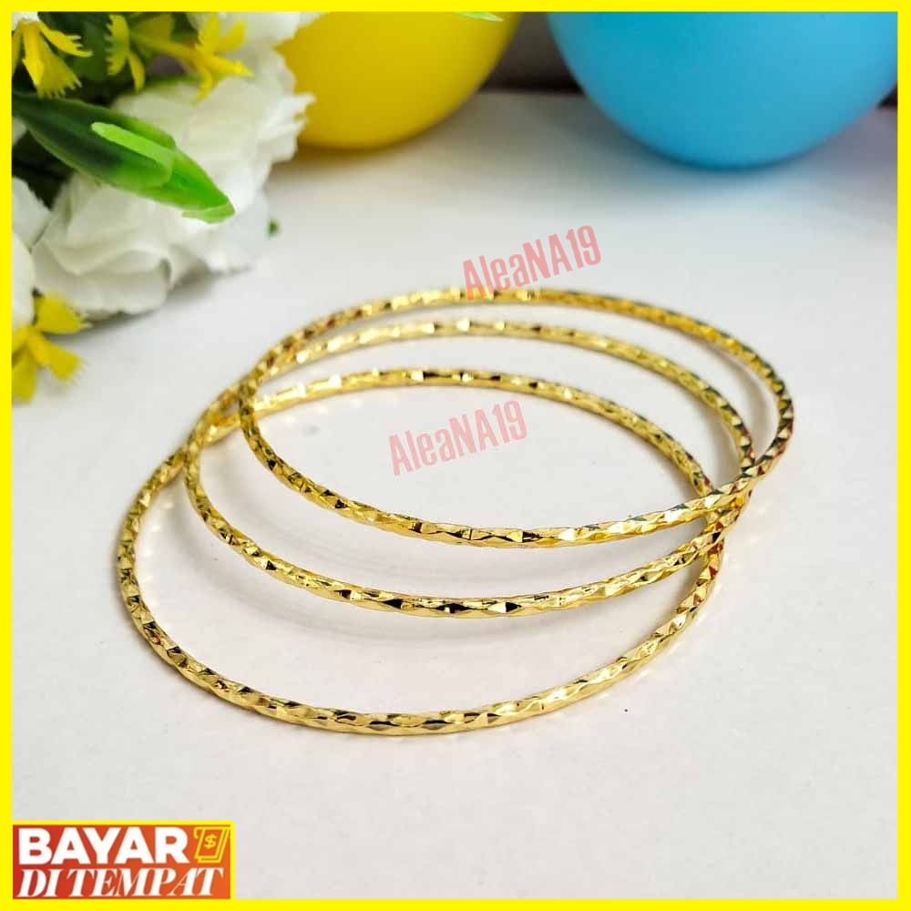 3pcs gelang keroncong ukir titanium gold anti karat perhiasan perempuan terlaris bisa cod