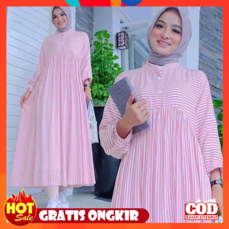 KAIN ADEM HALUS TEBAL / DRESS GARIS-GARIS OUTFIT STRIP WANITA DRESS MIDI MOTIF DRESS POLOS KATUN Vis