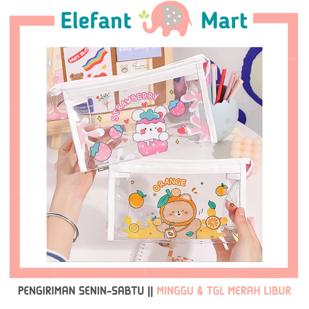 

ELEFANT Pouch Make Up Kotak Tempat Pensil Dompet Mika Transparan Alat Tulis Kosmetik Makeup Skincare Travel Pouch Serbaguna