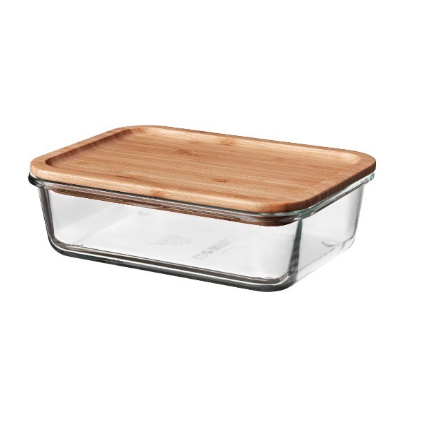 Wadah makanan dengan penutup, persegi panjang kaca/bambu, 1.