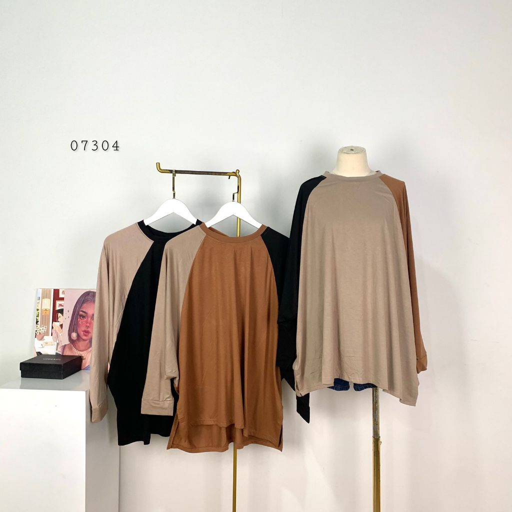 07304 KAOS OVERSIZE KOMBINASI 3 WARNA VARIASI LENGAN KELELAWAR TANGAN PANJANG PREMIUM WANITA ATASAN 