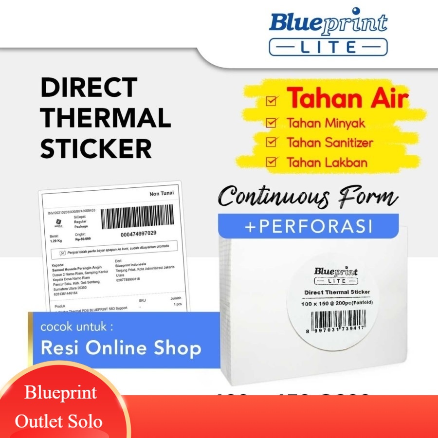 

Blueprint Lite Direct Thermal Sticker Resi 100x150 mm isi 200 label CF Fanfold Blueprint Outlet Solo