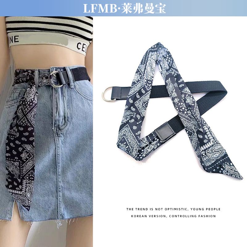 Women's canvas patchwork scarf belt, fashionable and versatile jeans with double loop buckle belt
