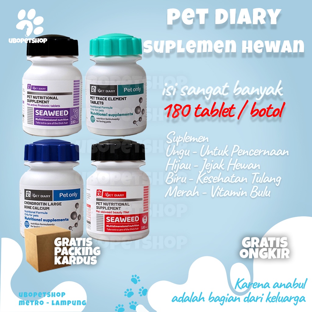 PET DIARY Suplemen Hewan Lengkap Bulu, Imune, Tulang Pencernaan 180 Tablet ubopetshop