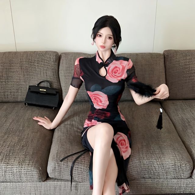 Improved girl cheongsam printed mesh slimming sexy dress