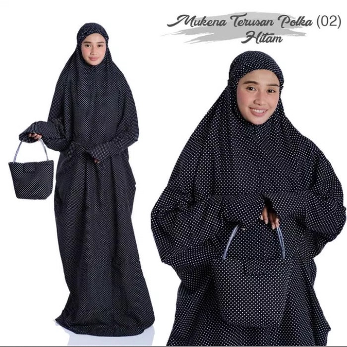 Mukena Langsung Polkadot Hitam / Mukena Terusan / Mukena Dewasa /