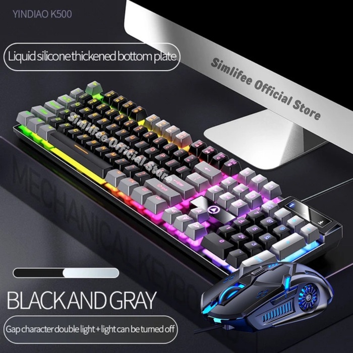 Yindiao Keyboard Gaming K500 Mechanical Hand Hotswap RGB Wired USB - K500 Hitam Abu, Hanya Keyboard