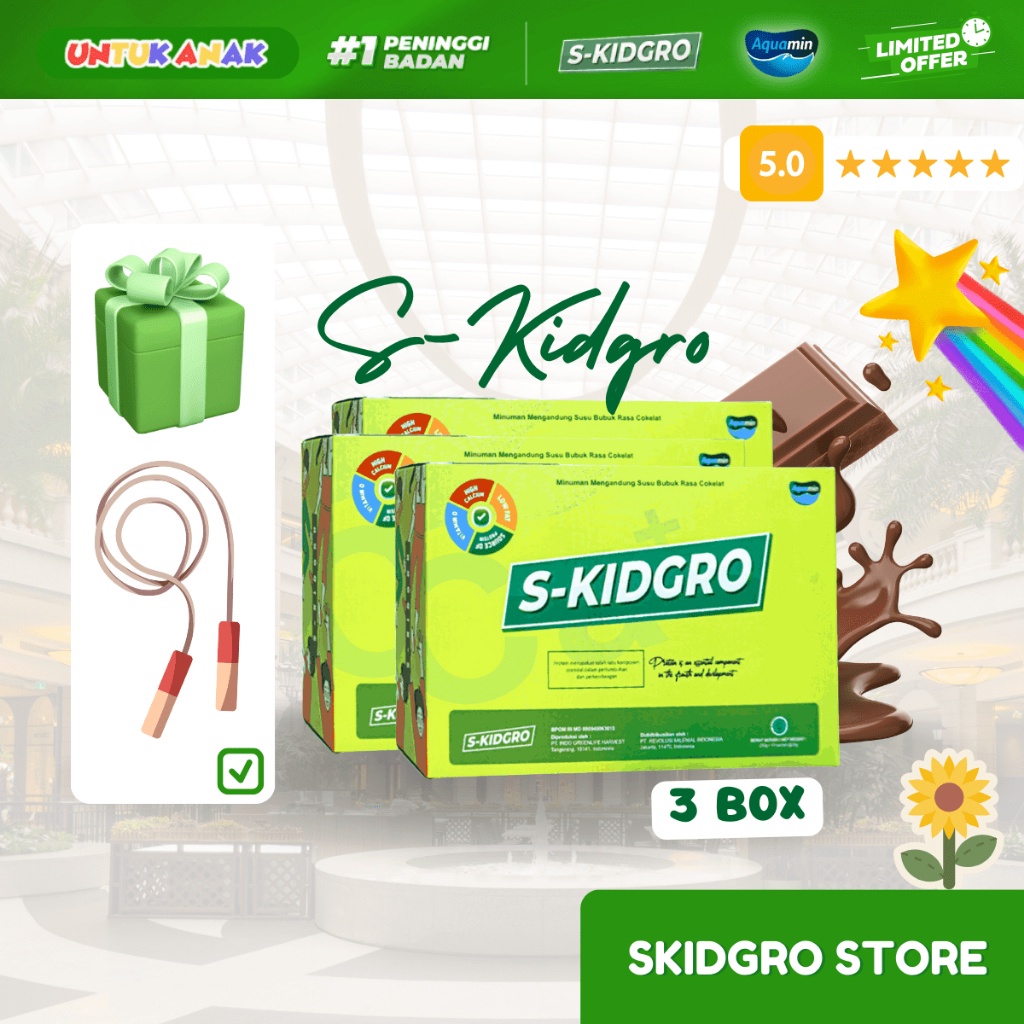 

S-KIDGRO PENINGGI BADAN ANAK SUSU SKIDGROW FULL KALSIUM PROTEIN & DHA ( 3 BOX ISI 30 SACHET ) FREE SKIPPING! BISA COD! ORY