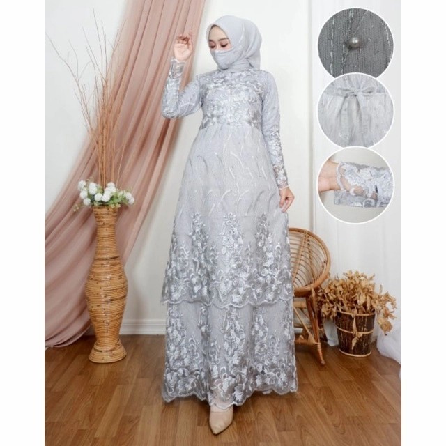 ✔Girya.Syo✔ - TERLARIS GAMIS TINGKAT TULLE TERBARU/GAMIS PESTA/GAMIS BROKAT - silver, XXL