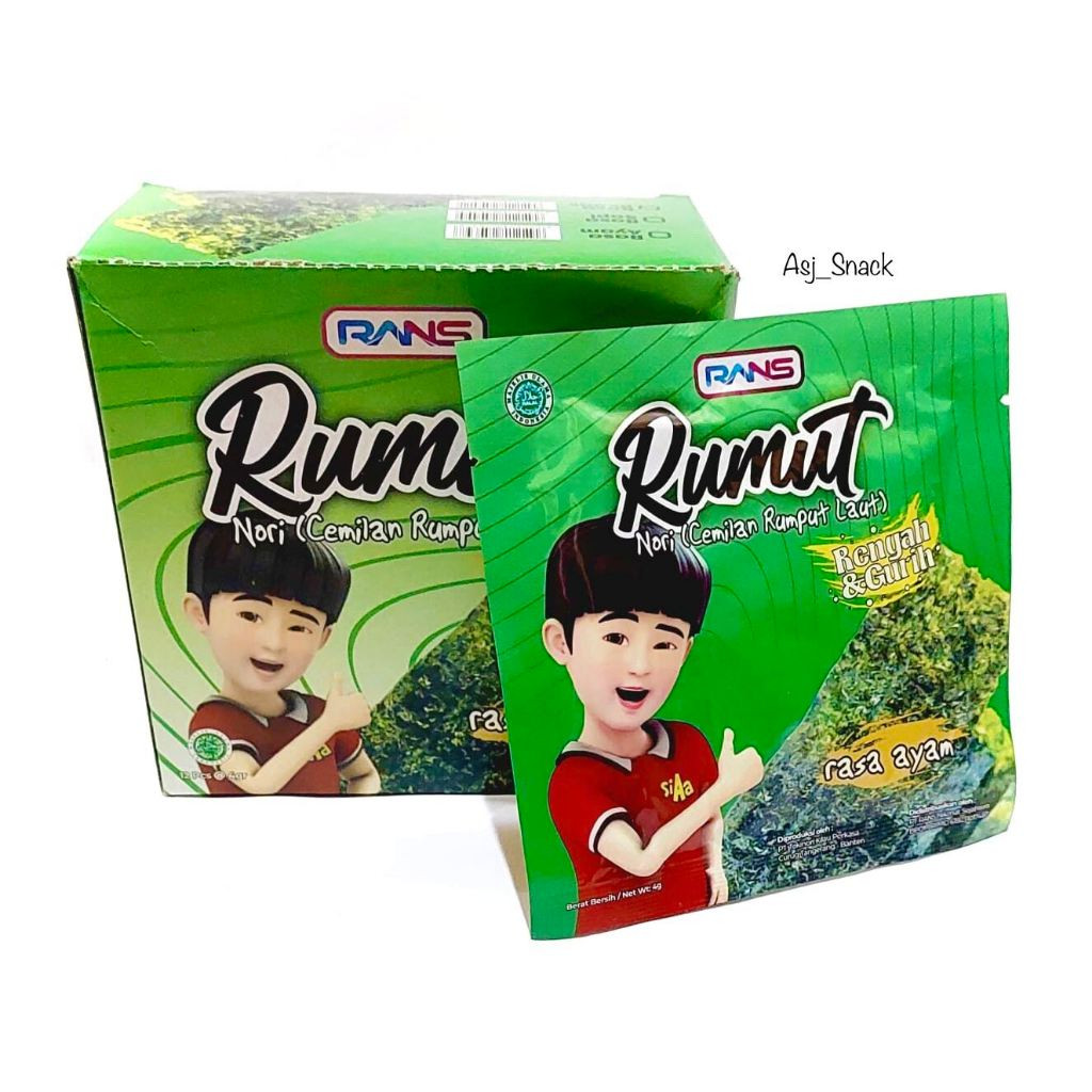 

Nori Rumut Si AA 1 box isi 12 pcs Kemasan 10gr Nori Rumput Laut Rasa ayam Bawang