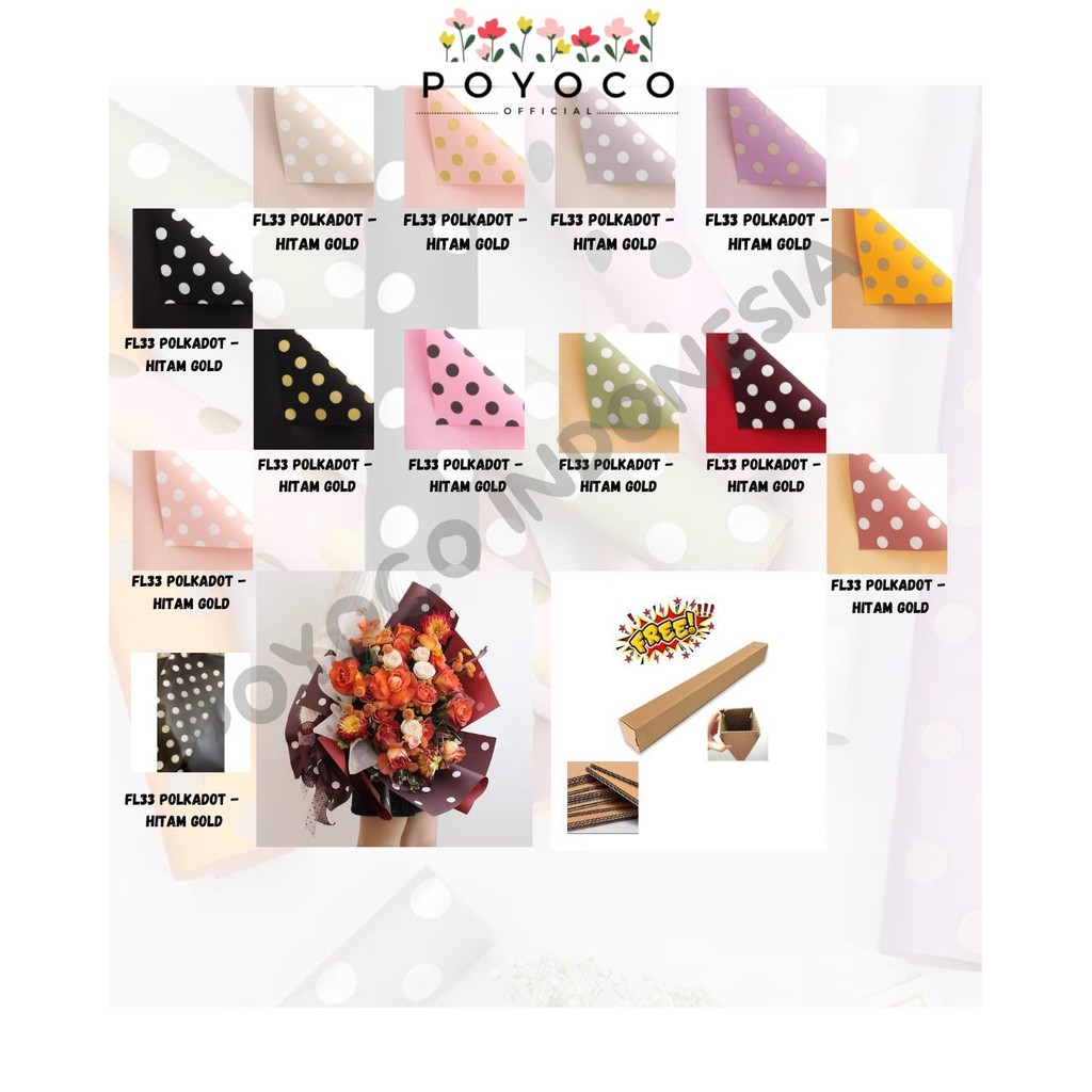 

POYOCO - (5 LEMBAR) - FL33 POLKADOT Kertas Bunga Paper Buket Motif Polkadot Bulat Kado Florist Cellophane