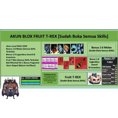 Akun Blox Fruit T-REX [Sudah Buka Semua Skill]software [Level MAX] [Datpol] [Belum Verifikasi]