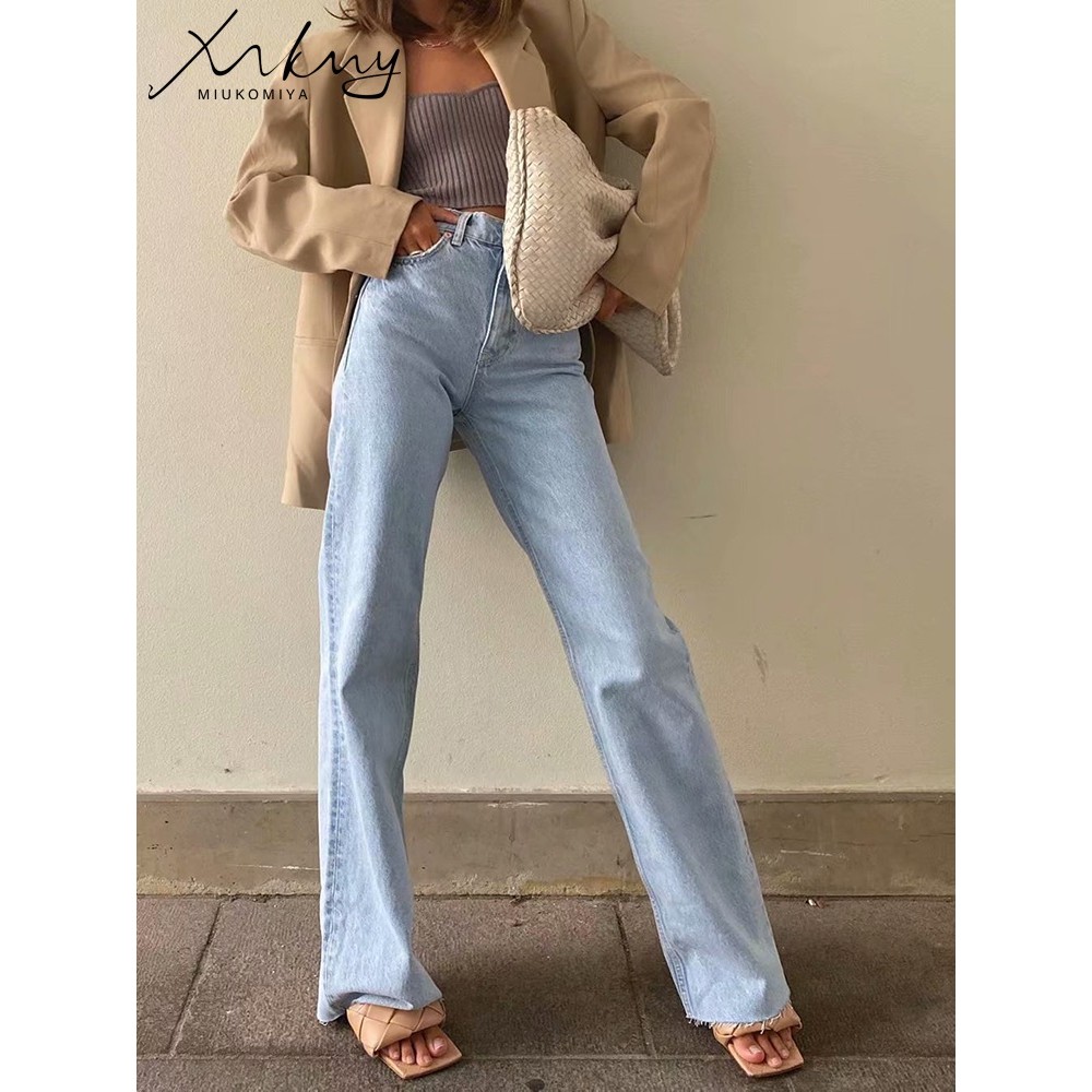 MiuKoMiYa Straight Jeans Women High Waist Streetwear Light Blue Boyfriend Denim Pants Ladies Wide Le