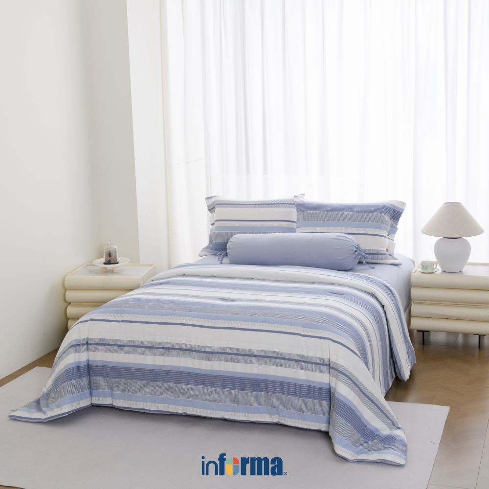 Informa Set Seprai Katun Yarn Dyed Anzu Aiko Biru King Queen Single 180x200 160x200 120x200 Sprei Se