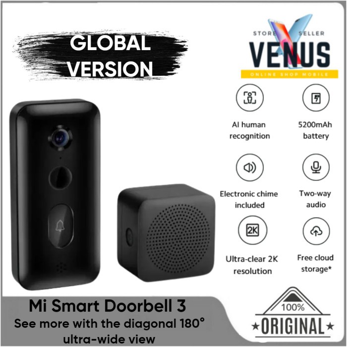 

MiJia Smart Doorbell 3 Ultra-clear 2K 180° Door Bell bel pintu kamera - GLOBAL VERSION