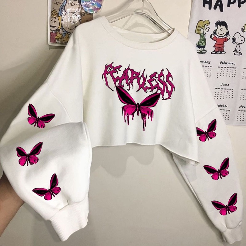 Weijia Fashion Baju Sweater Wanita Kekinian / FLEECE Sweater Crop FEARLESS / Switer Cwek