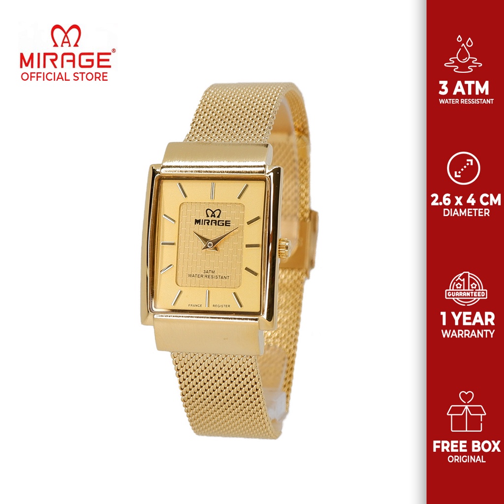 Jam Tangan Wanita Elegant Original Garansi Mirage Stainless Rantai Pasir Anti Karat Segi Tipis 8605L