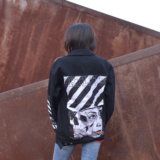 Jaket Jeans Pria Denim Jacket Distro Full Printing Motif TKW Brutalist