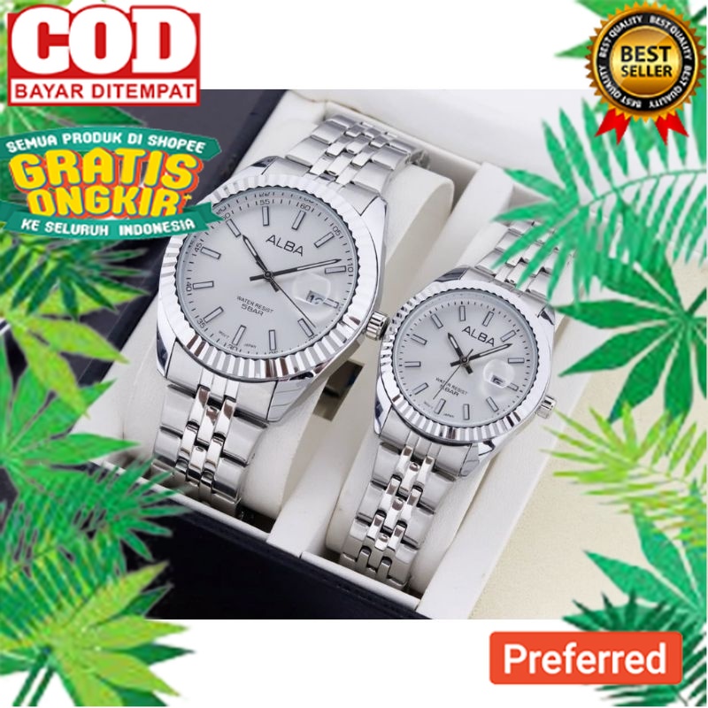 DISTRIBUTOR JAM TANGAN COUPLE ALBA TANGGAL AKTIF TALI RANTAI// JAM TANGAN MODEL TERBARU
