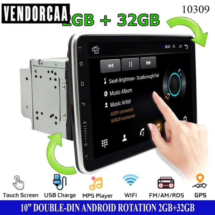 Headunit Android Double Din 10 Inch 2+32 Rotation LCD TV Mobil Tape
