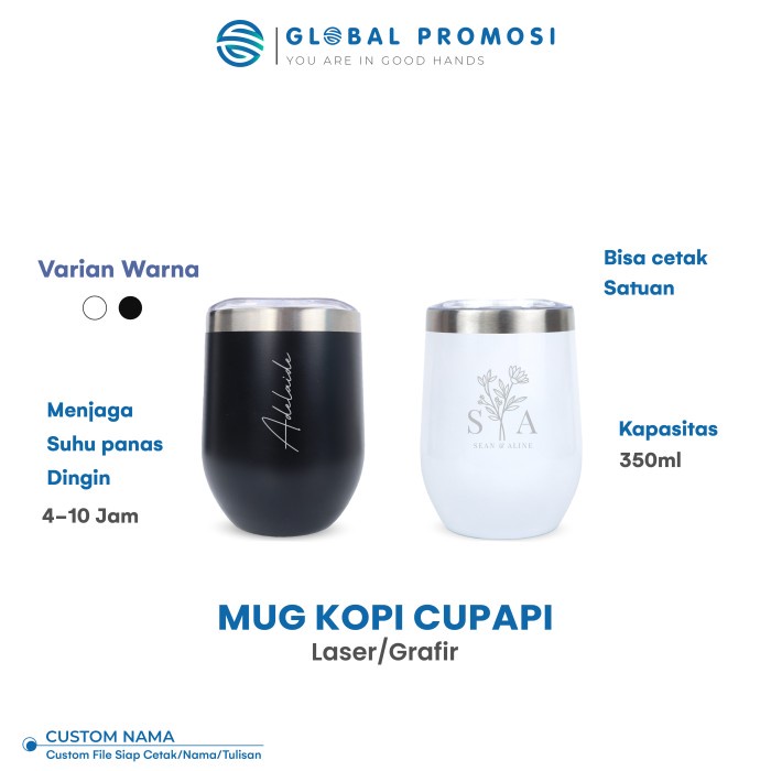Coffee Stainless Mug Cupapi Custom Gelas Kopi Laser Grafir - -Hitam, Polosan
