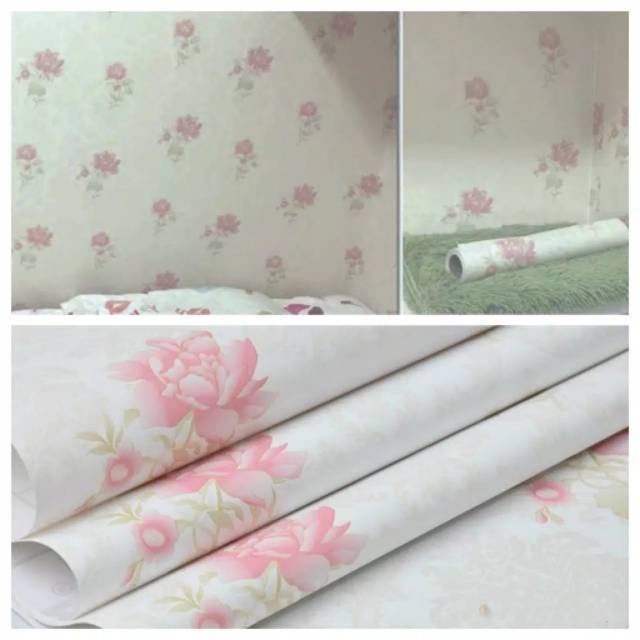 Termurah Grosir Wallpaper Sticker Dinding Motif Bunga Warna Pink 10M X 45CM
