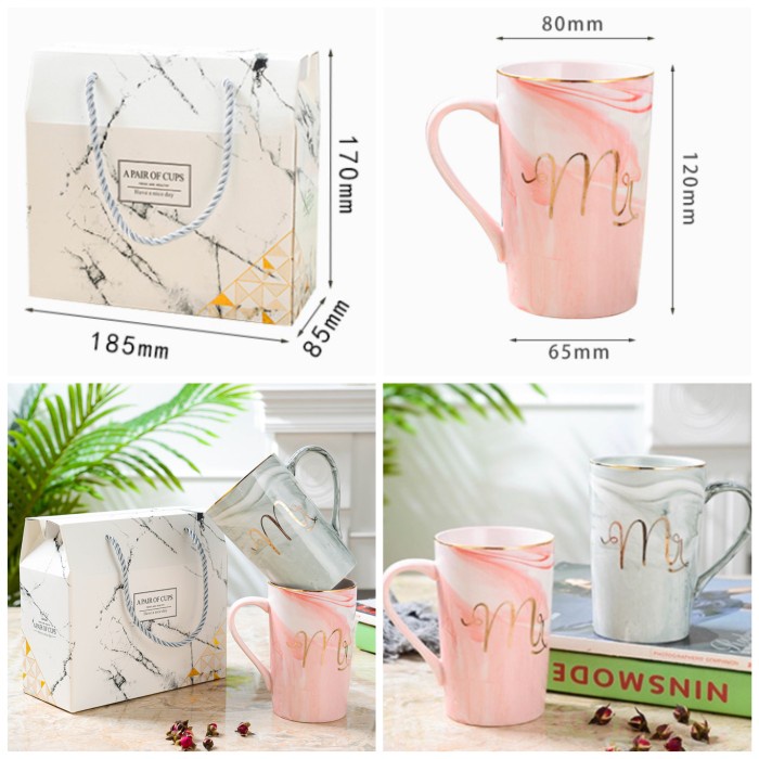 GELAS MARBLE / MUG MARBLE MR MRS POLOS PINK ABU MUG COUPLE MUG SATUAN - Marble Pink