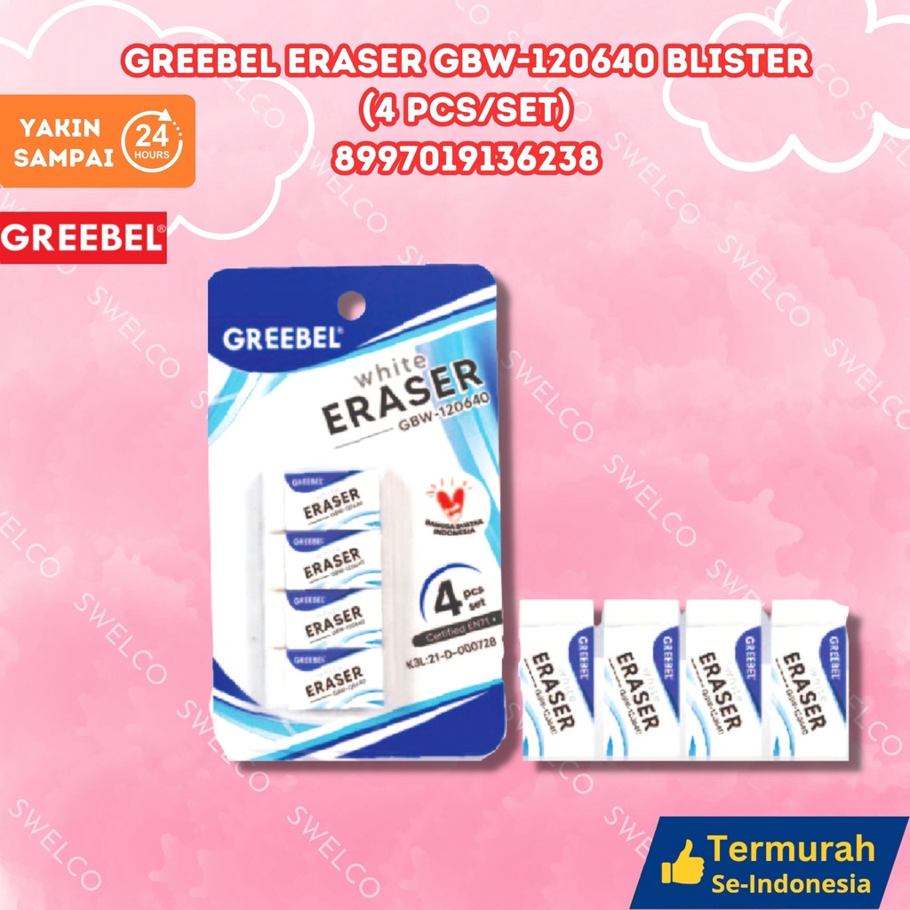 

GREEBEL ERASER GBW-120640 (1PCS)/Penghapus/Setip/hapusan gk berdebu/gk mudah Patah/utk anak GREEBEL ERASER GBW-120640 BLISTER (4 PCS/SET)