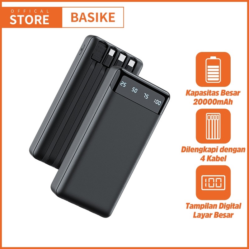 PROMO BASIKE Powerbank Fast Charging 20000 mAh 10000 mAh dengan Kabel Data Tipe C /Micro USB/Lightni