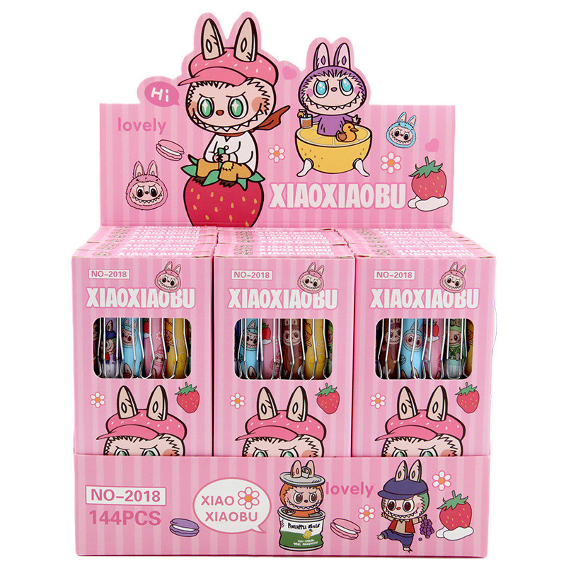 

Labubu Paste Acrylic Neutral Pen 6pcs Kawaii Press Signature Pen Cartoon Student Stationery 0.5mm Blue Writing Tool