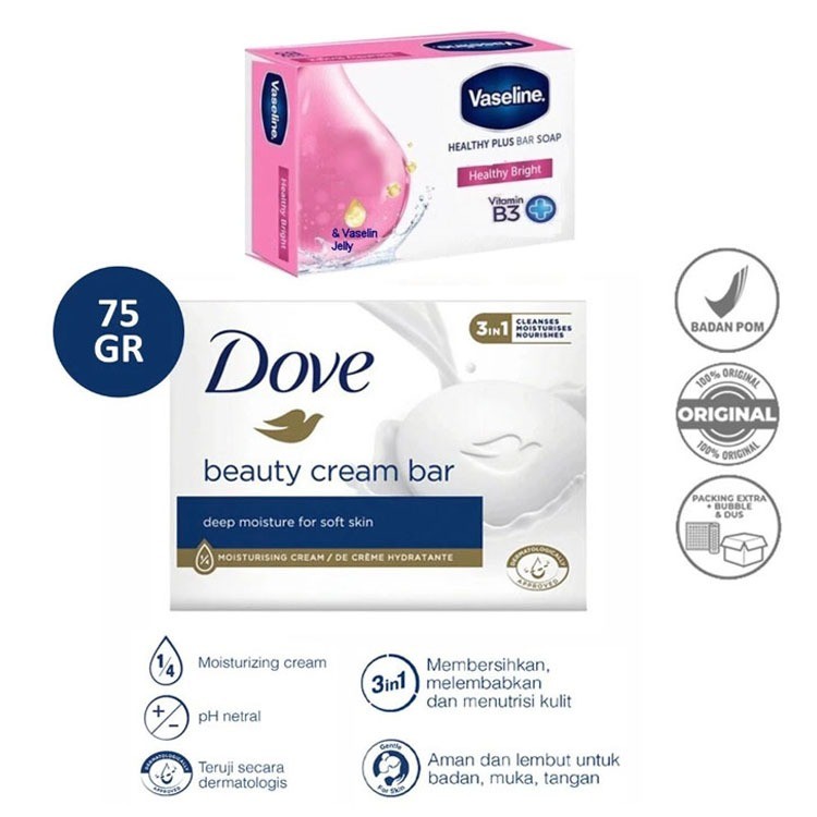 Dove Beauty Cream Bar Soap Moisturizing Cream 75gr | Vaseline Sabun Batang 75g Aca Baby Essential