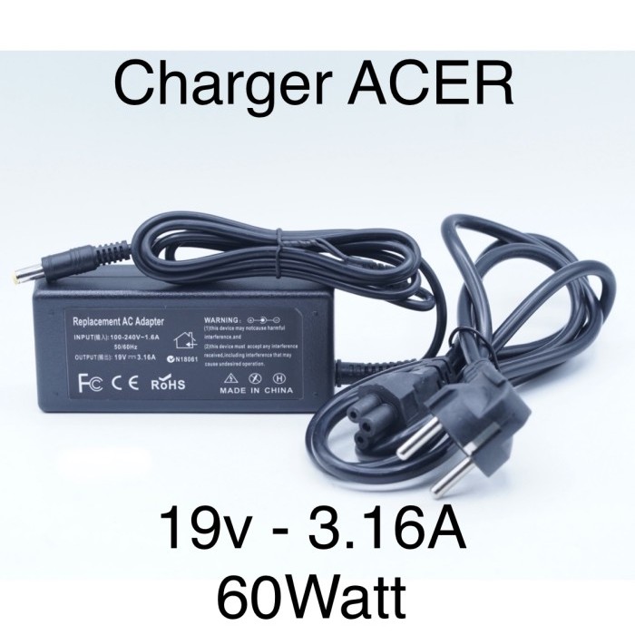 ACER 19V 3.16A 60W 60 Watt DC Tips Jek 5.5*1.7 Charger Adaptor Notebook Laptop with Power Cable Kabe