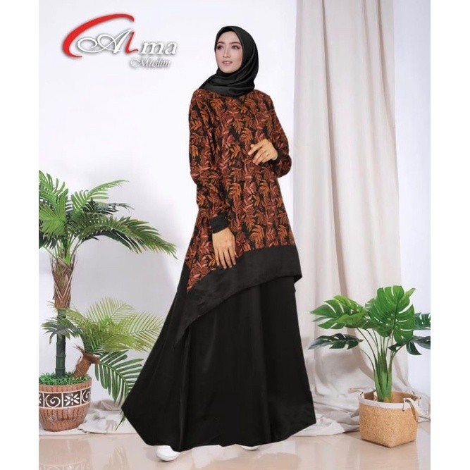 Gamis Batik Kombinasi Polos Terbaru Modern Pekalongan Kekinian 2021