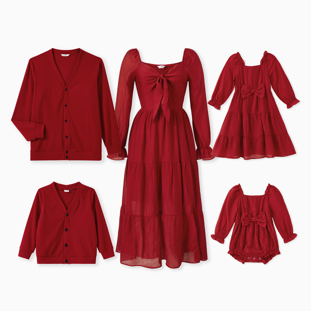 PatPat Family Matching Outfits Red Ribbed Cardigan Long Sleeves Bow Detail Shirred Back Tiered Dress
