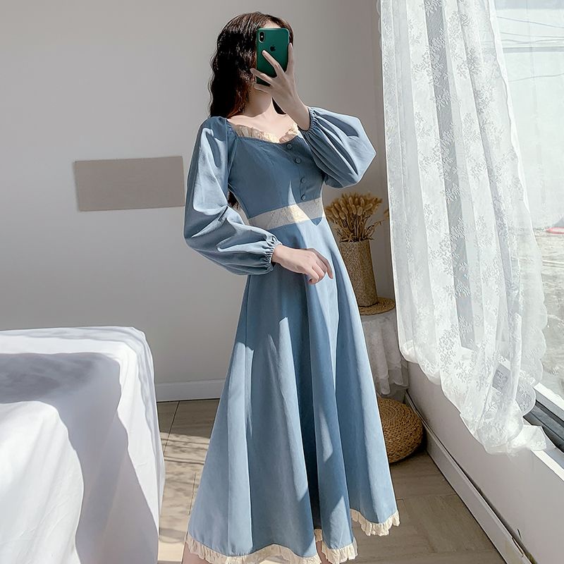 [ COD ] Cantik Abadi Gaun Leher Persegi Retro Perancis untuk Wanita 2020 Musim Gugur dan Musim Dingi