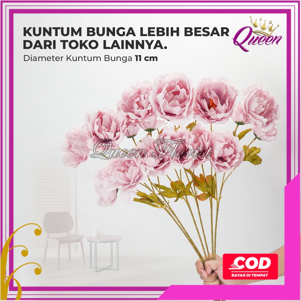 Bunga Mutan Peony Jumbo Tangkai Panjang Cabang 3 Flowers Besar 11cm Panjang 65cm Bunga Palsu Moutan Peoni Artficial Tanaman Hias Dekorasi Pelamaninan Bucket Hiasan Pojok Ruangan Hotel Rumah Cafe Artifisial Import Premium Murah