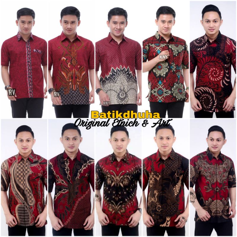 BAJU BATIK PRIA KEREN MODEL BARU /HEM BATIK PRIA WARNA MERAH MAROON HEM LENGAN PENDEK MARUN