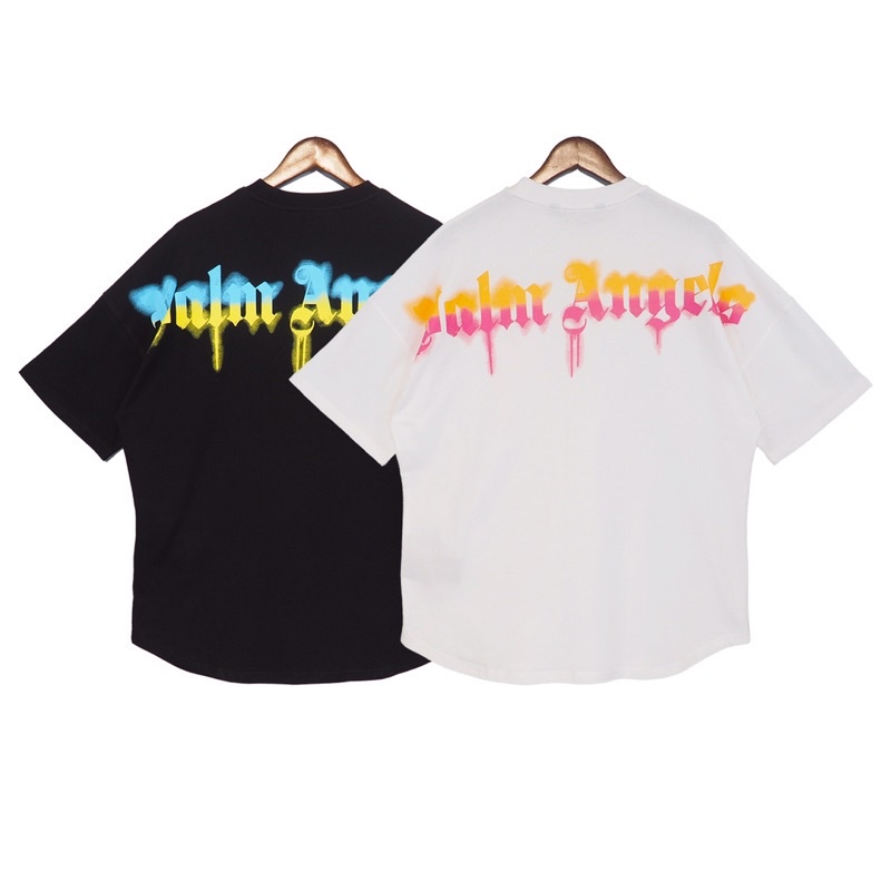 Palm Angels Palm Tree White Fuchsia Sprayed Oversize Tshirt Oversize Pria Casual Street Style Baju K