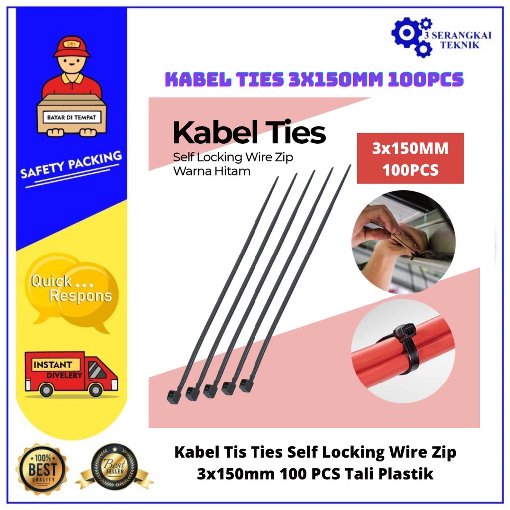 

Kabel Tis Ties Self Locking Wire Zip 3x150mm 100 PCS Tali Plastik